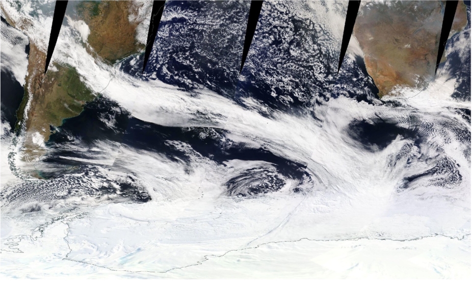 Photo caption: A band of clouds in an atmospheric river extending from South America to the Antarctic sea ice zone on Sept. 16, 2017. Image: NASA