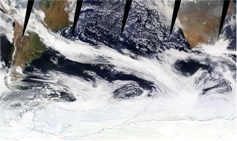 Photo caption: A band of clouds in an atmospheric river extending from South America to the Antarctic sea ice zone on Sept. 16, 2017. Image: NASA